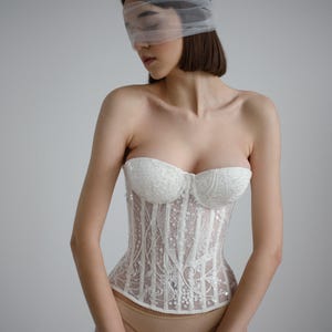 Ivory Floral Sparkling Beaded Lace Bridal Corset Top, Lacing Back Wedding Gown, Honeymoon Corrective Waist Training Made To Order Corset Top