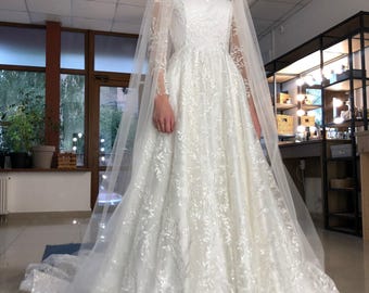 Sparkling Floral Lace Ivory Princess Wedding Dress Made To Order, Elegant Beaded A-line Bridal Dress With Long Sleeves, Long Train Dress