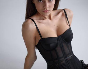 Black Mesh Corset Top, Mesh Bustier Custom Corset Tops, Crop Top, Plus Size Waist Training Corset, Lacing Up Corset