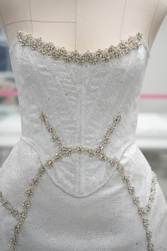 bling corset wedding dress Silver Rhinestone Long Dress with Boning Corset S