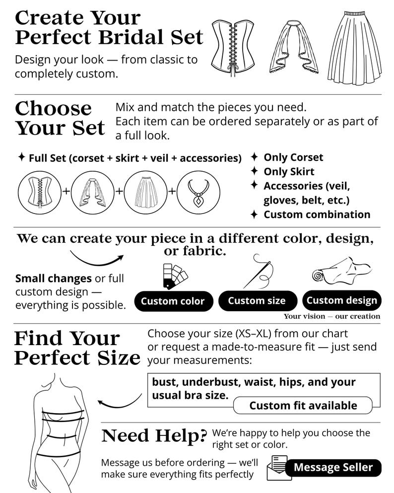The image is a collection of fashion illustrations and descriptions, including a full-length image of a corset, a skirt, a veil, and accessories. The text provides information about how to create a custom bridal set, including the option to mix and match pieces, choose a full set, and create a custom design. The image also includes a chart for selecting the right size and a message for ordering assistance.