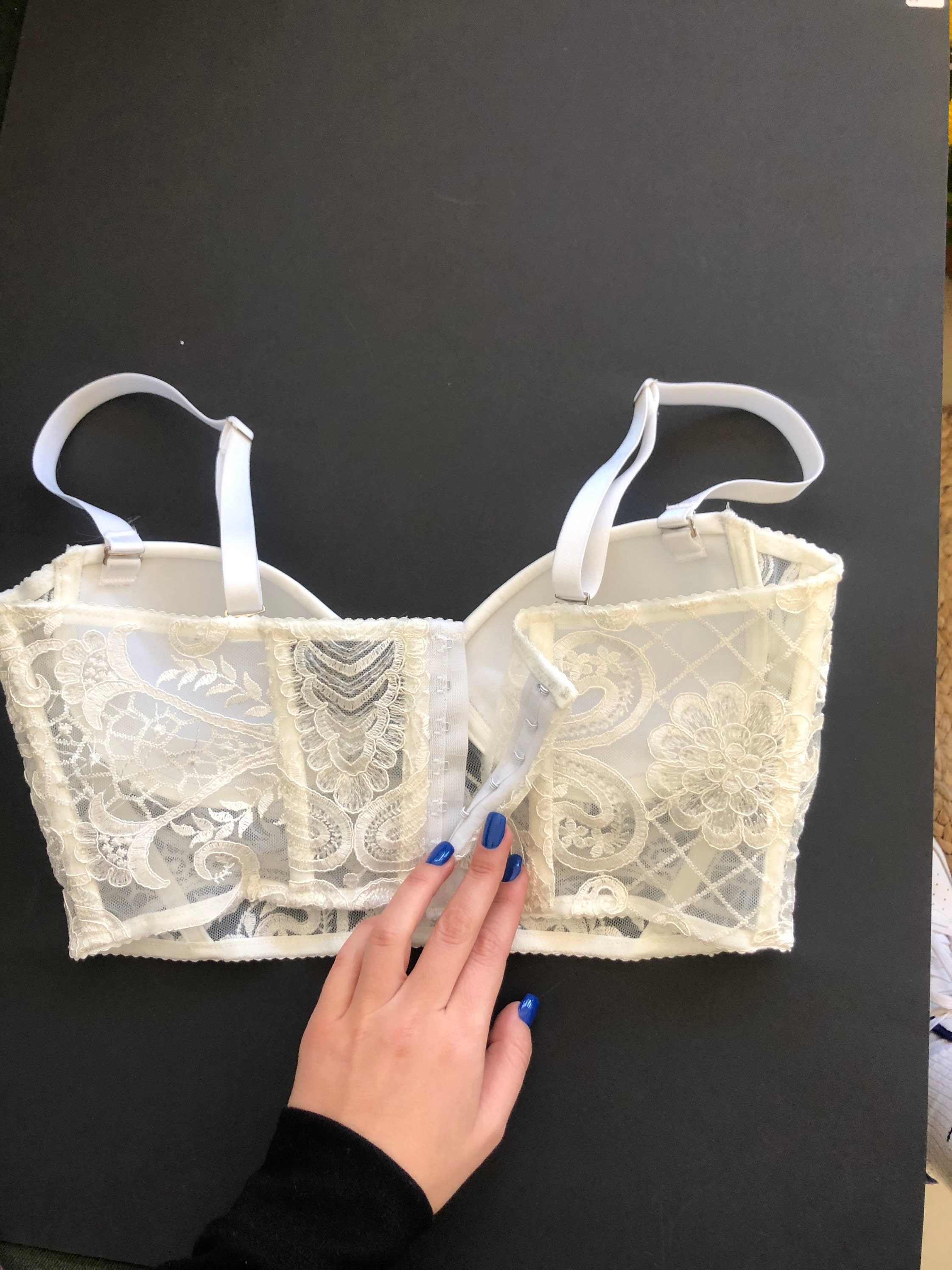 Ivory Bridal Lingerie Corset Top, White Pearls Design Cups