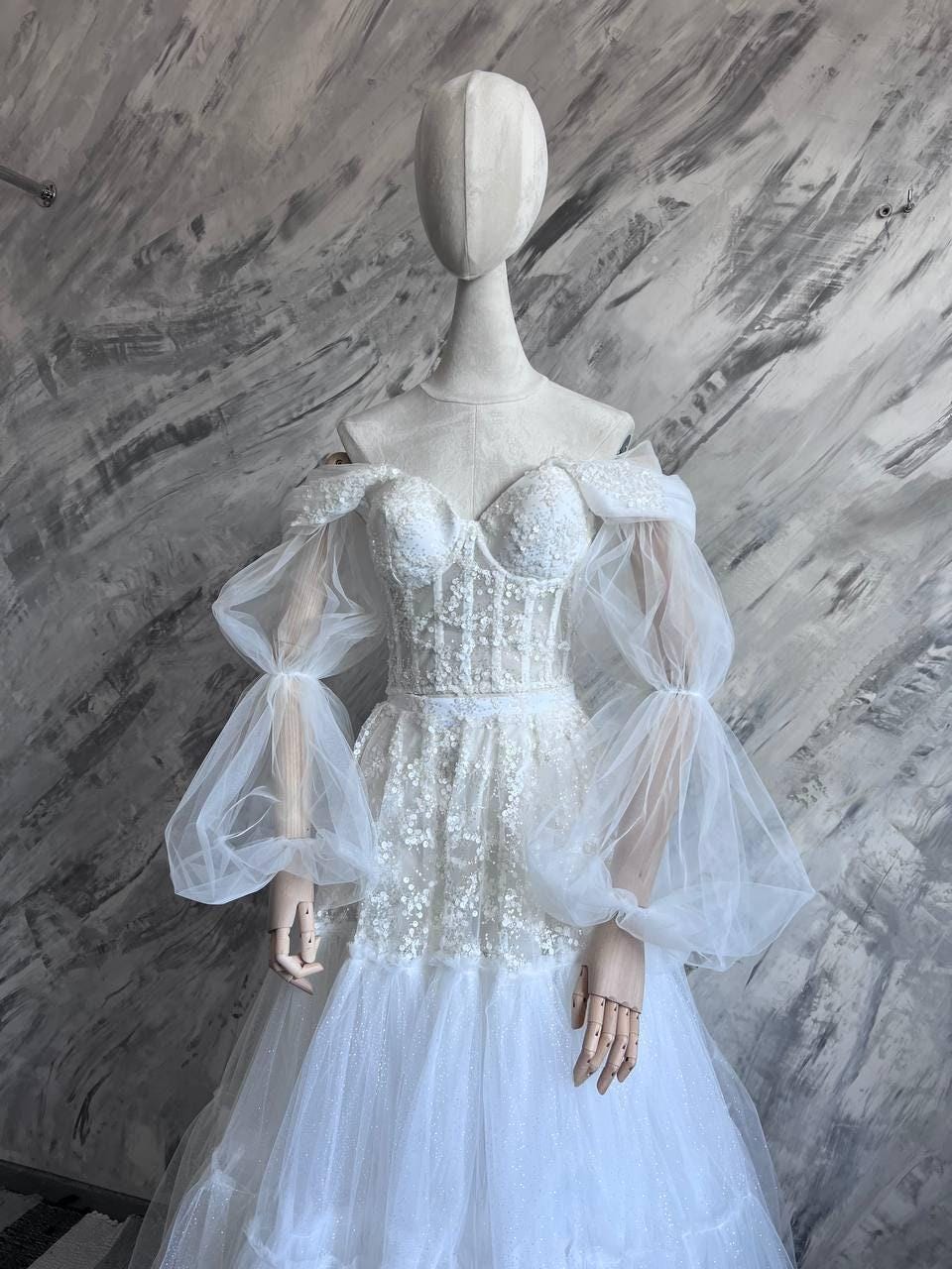 Bridal Gown Set, Puffy Glitter Wedding Skirt, Mesh Flower Beaded Embroidery Corset Top, Removable Sleeves, Custom Bespoke Made to Order Set Bridal Gown Set, Puffy Glitter Wedding Skirt, Mesh Flower Beaded Embroidery Corset Top, Removable Sleeves, Custom Bespoke Made to Order Set