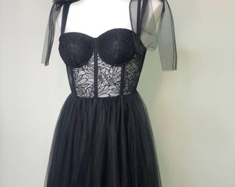 Black Corset Wedding Dress, Black Mesh Bridal Gown, Wedding Black Dress Train, A-line Wedding Dress, Boho Wedding Separates, Tull Skirt, Bes