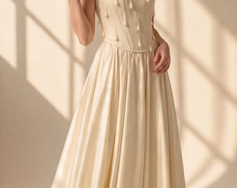 Korsett-Set aus Taft mit Perlenapplikationen, Rückenbändern, gefüttertem Rock mit Beinschlitz, festliche Kleidung, Ballkleid, Hochzeitsoutfit