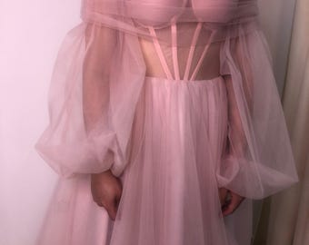 Rose Gold Tulle Corset Prom Dress, Removable Sleeves Pink Wedding Dress, Birthday Party Dress, A-Line Wedding Dress