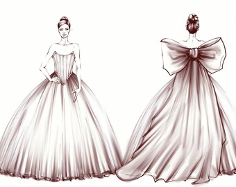 May include: A hand-drawn illustration of a woman wearing a white strapless gown with a large bow in the back. The gown is full and flowing, and the woman is standing with her arms at her sides.
