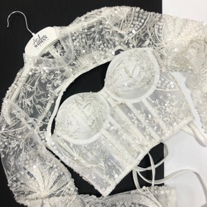 Floral Beaded Lace Wedding Custom Corset, Long Sleeves Corset Top With Collar Rack, Lacing Back Abstract Lace Honeymoon Ivory Lingerie