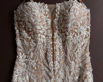 Bespoke Corset Top with Rhinestone Straps, Lace Beaded Wedding Top, Steel Boned Corset, Ivory Lingerie
