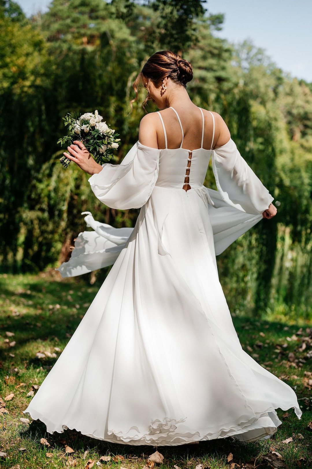 Draped Off The Shoulder Chiffon Wedding Dress With Long Sleeves, Simpl Classic Minimalis Bridal Gown A-Line Dress, Plus Size Gown Draped Off The Shoulder Chiffon Wedding Dress With Long Sleeves, Simpl Classic Minimalis Bridal Gown A-Line Dress, Plus Size Gown