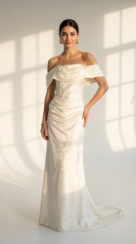 ivory jacquard wedding dress Dress, Maxi Bridal Gown, Floor Length Formal Dress, Elegant Bridal Gown, Ivory Wedding brocade fabric wedding dress