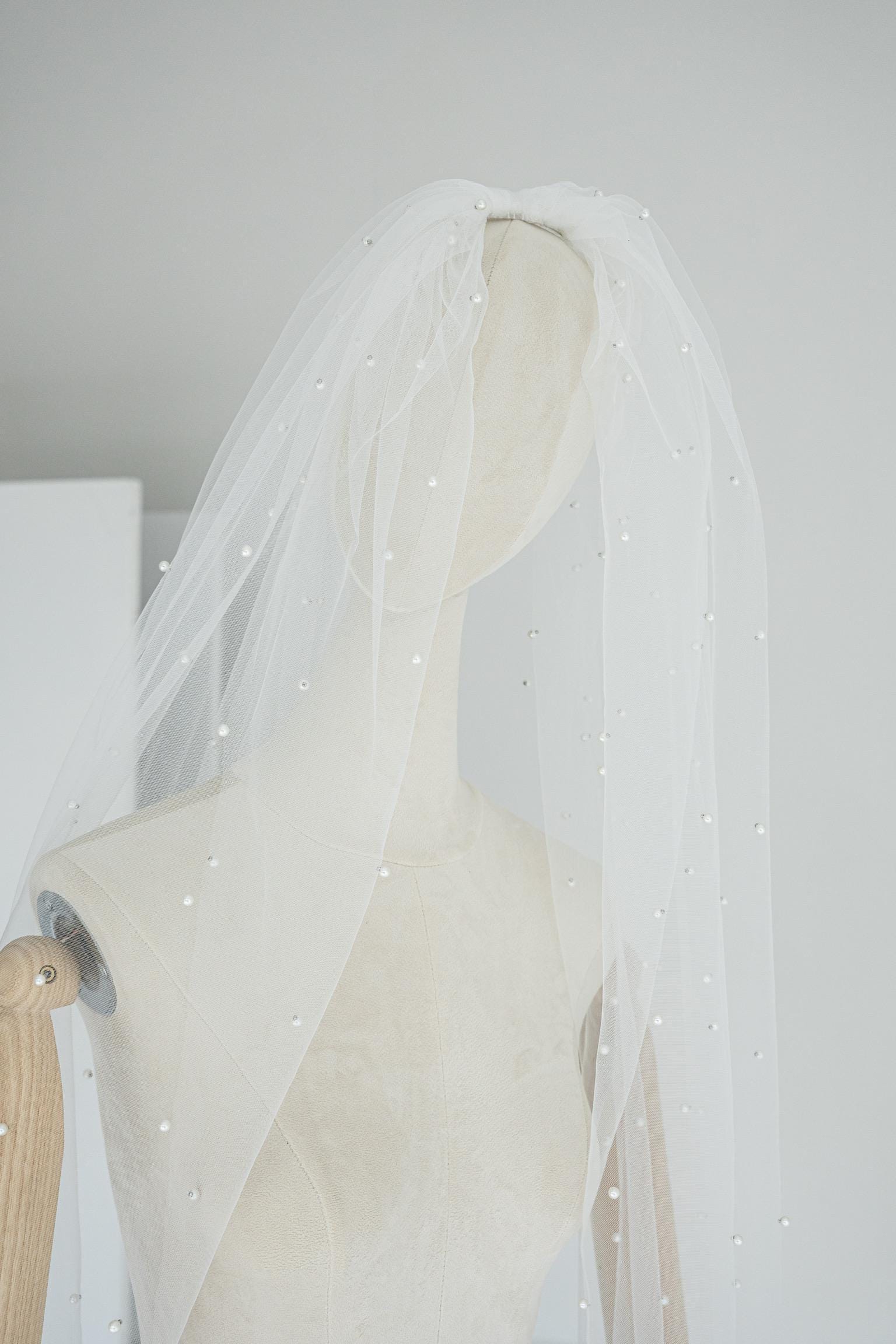 Pearl Wedding Veil,  Light ivory, 79 inches-NEVER USED AND IN THE BOX Ivory Single Tier Pearl Embellished Veil with Lace Edge | L&F main image 2