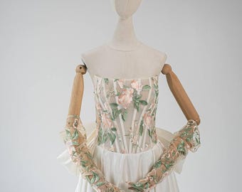 Corset Wedding Dress With Satin, Lace Corset Gown, Removable Bow, Metal Boning, Ivory, Black or Colored Lace, Bridal Wear