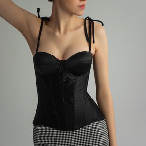 Black Satin Corset Top, Waist Training with Steel Bones, Removable Straps, Prom Dress Separate