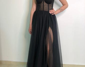 Black Corset Wedding Dress, Black Mesh Bridal Gown, Wedding Black Dress With Train, A-line Wedding Dress, Boho Wedding Separates, Tull Skirt