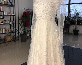 Beaded Floral Lace Ivory Princess Wedding Dress Made To Order, Elegant Sparkling A-line Bridal Dress With Long Sleeves, Long Train Dress