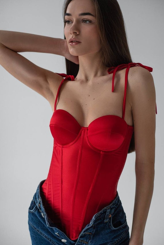 Red Satin Corset Top, Steel Bones Custom Corset Tops, Removable Straps  Waist Training Corset, Lacing up Corset, Corsets Prom Dress Separate -   Canada