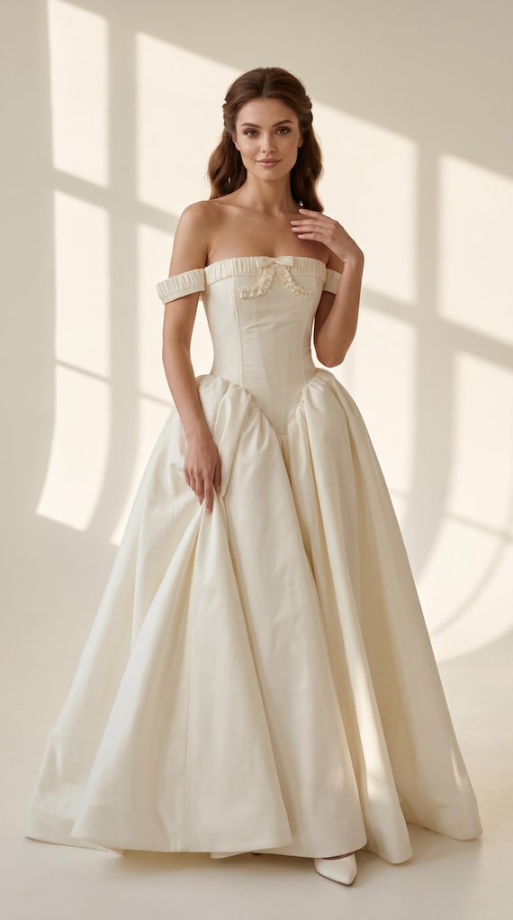 classic silhouette wedding dress Ivory Taffeta Dress, Vintage Style Long Bridal Gown, Custom Made Wedding Gown with Park And Fifth Sage size:2XL Silhouette_Amelia Martina liana
