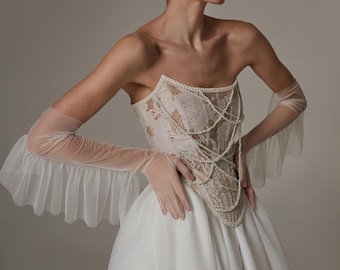 Vloeiende rok bruidsjurk, elegante trouwjurk, bruidjurk, romantische ivoor trouwjurk, organza korsetjurk, Moederdagcadeau