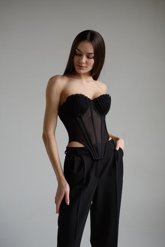 Zwart mesh korset met plooien cups afneembare bandjes sexy bustiers crop top transparante vetersluiting grote maten taille training korset Etsy Nederland