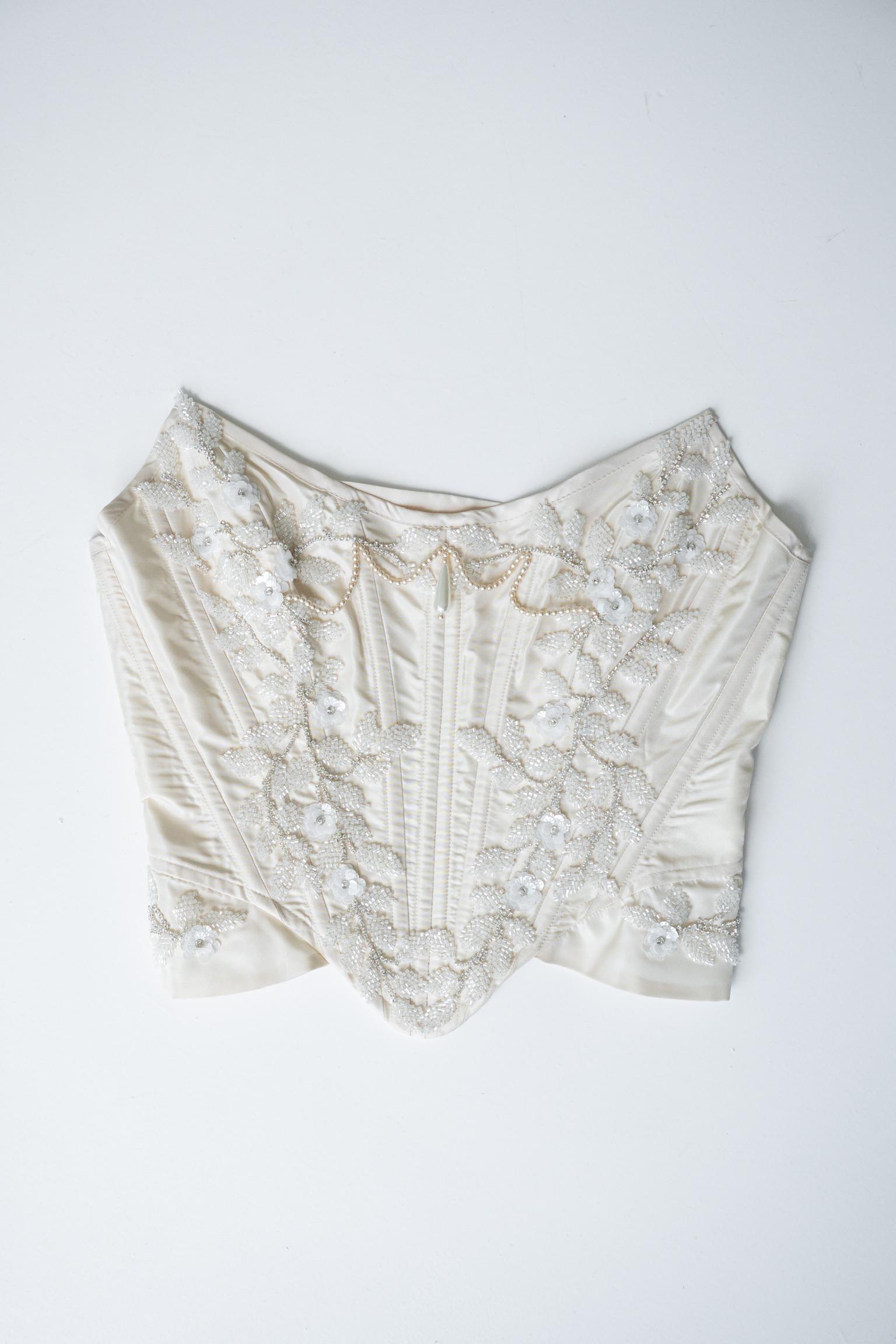 White Beaded Corset Taffeta Fabric, Renaissance Bodice