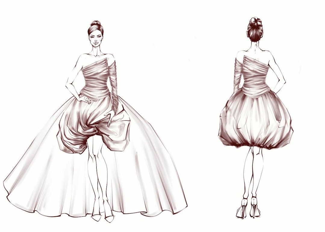 Schizzo di moda per abiti da sposa, disegno di abiti da sposa