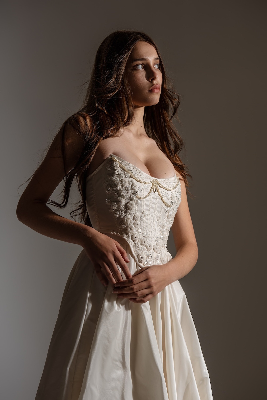 Taffeta Corset Set With Beaded Appliqué, Back Ties, Lined Taffeta Corset Set With Beaded Appliqué, Back Ties, Lined