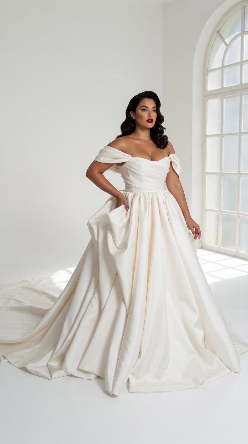 A woman wearing a long, off-the-shoulder white wedding dress stands in a bright, white room with a large window.