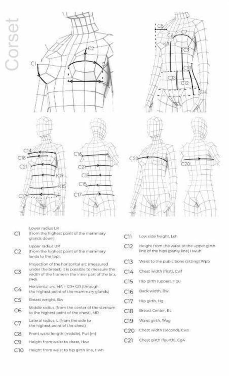 Pu&ograve; includere: Un diagramma tecnico intitolato Corset che mostra una figura umana in wireframe con varie linee di misurazione etichettate da C1 a C21. L'immagine include descrizioni testuali dettagliate per ogni punto di misurazione, illustrando le dimensioni.
