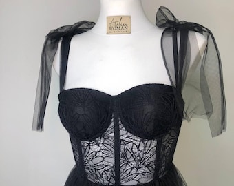 Black Corset Wedding Dress, Black Mesh Bridal Gown, Wedding Black Dress Train, A-line Wedding Dress, Boho Wedding Separates, Tull Skirt
