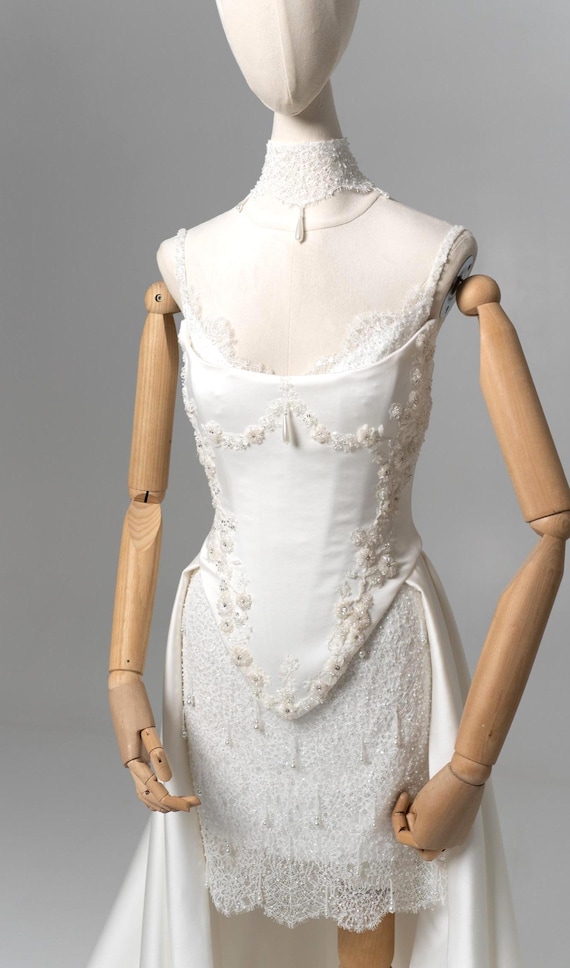 Ivory Lace Mini Dress Set with Embroidered Corset and Detachable Satin Train, Three-Piece Bridal Outfit