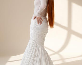 Vestido de sirena a medida con falda drapeada, top transparente de manga larga, elegante vestido de noche, atuendo para eventos formales.
