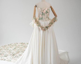 Corset Wedding Dress with Satin and Lace, Removable Bow, Metal Boning, Available in Ivory, White, Black, and Colored Lace