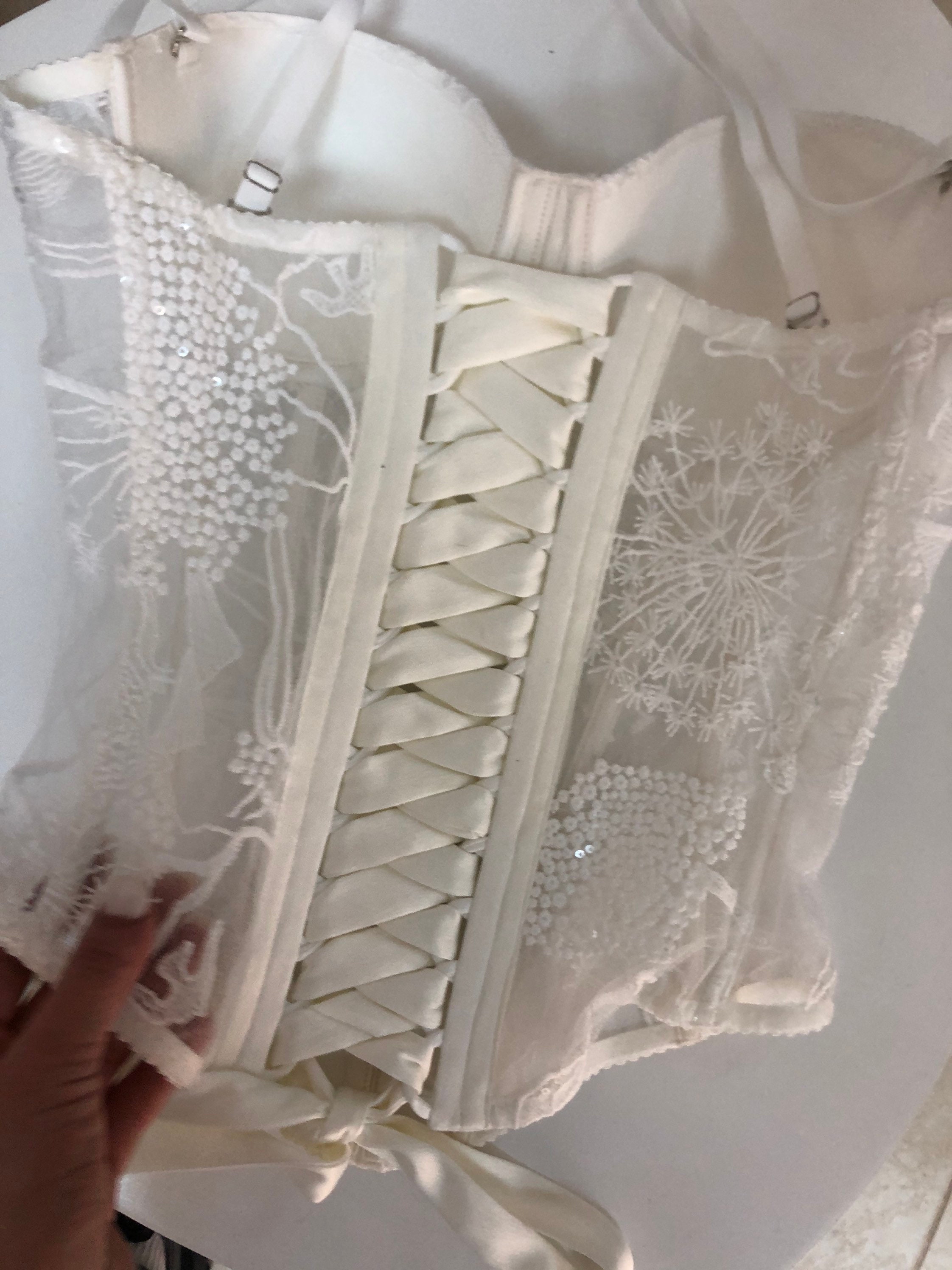 White Mesh with Lace Overlay Custom Made Bridal Corset (ELC-701)