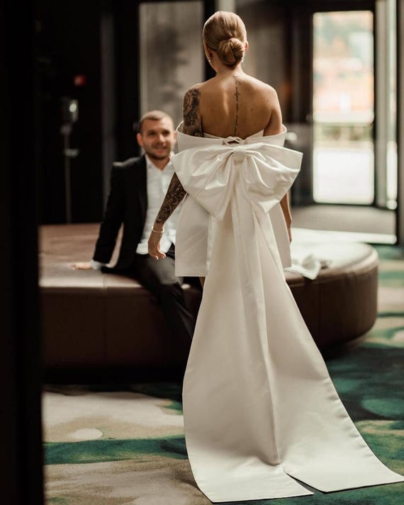 Minimalistic Stylish Sleeveless Satin Wedding Dress, Open Back Engagement Dress, Bridal Everything Gown Short Dress with Big Bow