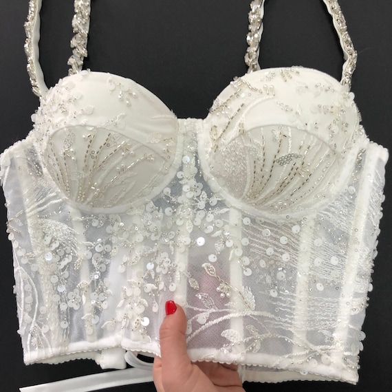 Floral Beaded Lace Wedding Custom Corset Rhinestone Straps Corset Top Lacing Back Abstract Lace Honeymoon Ivory Lingerie Etsy UK