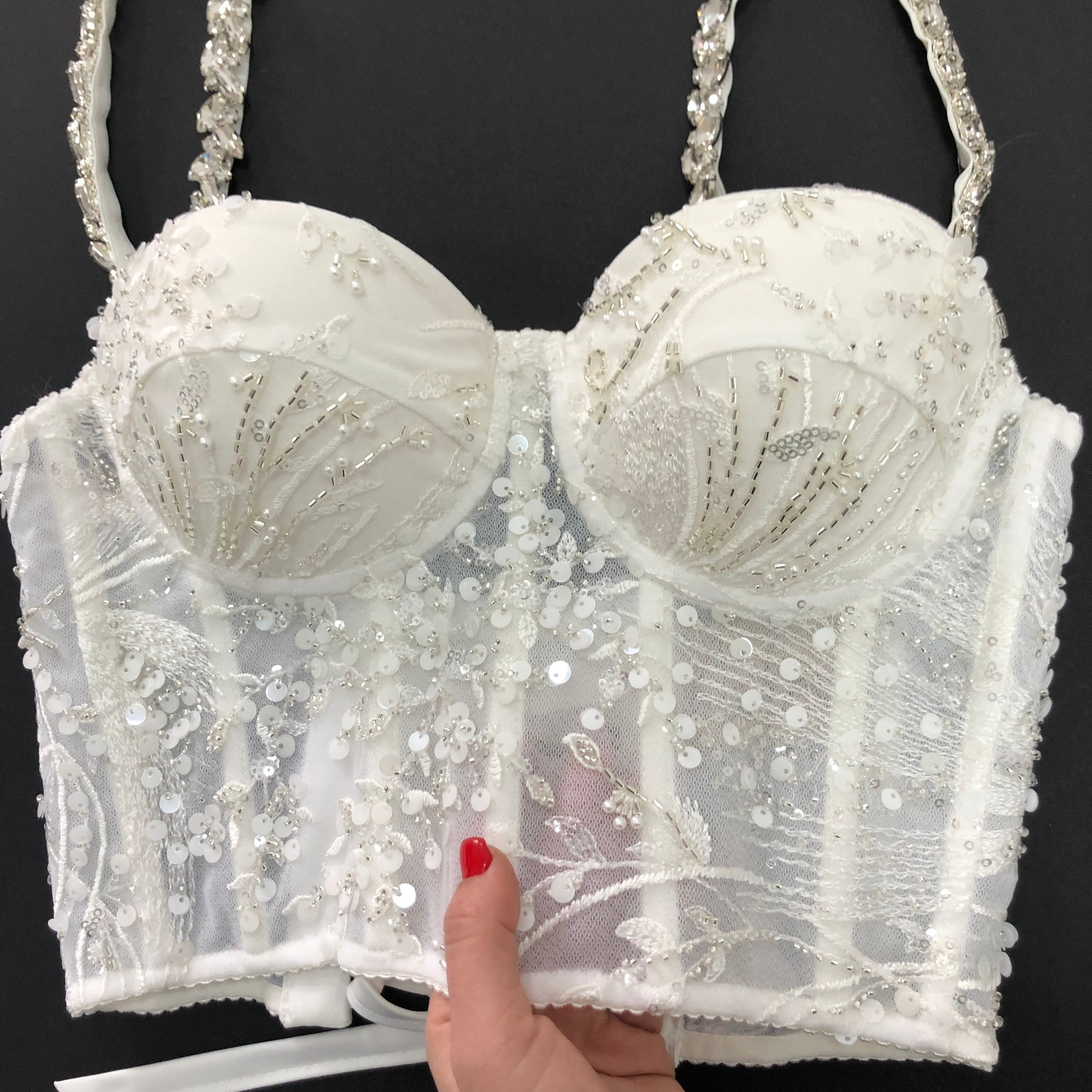 Floral Beaded Lace Wedding Custom Corset, Rhinestone Straps