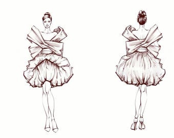 May include: A line drawing of a woman wearing a large, bow-shaped dress. The dress is voluminous and has a ruffled skirt. The woman is shown from the front and back.