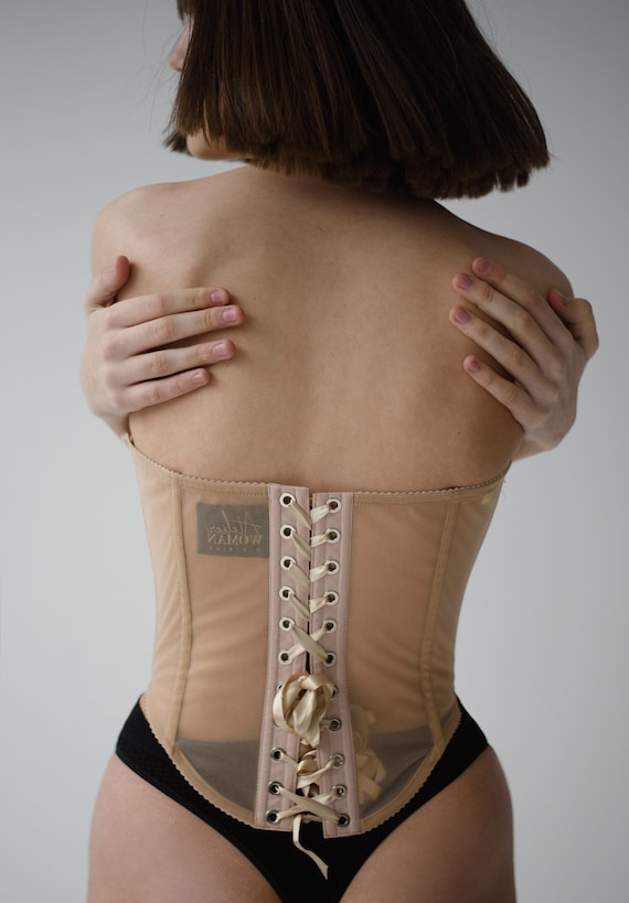 Beige Mesh Corset Belt, Transparent Tight Lacing Crop Top, Plus