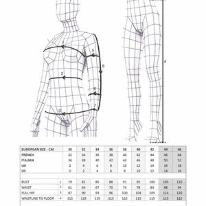 Pu&ograve; includere: Una tabella delle taglie per abbigliamento con un'illustrazione di un manichino wireframe e punti di misurazione numerati. La tabella include colonne per taglie europee, francesi, italiane, britanniche e statunitensi con misure in centimetri.