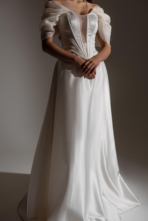 corset plunge dress T262067 Dramatic Elegant Diamond Mikado A-line Gown with Center Plunged Boned Corset Bodice and Low Square Back