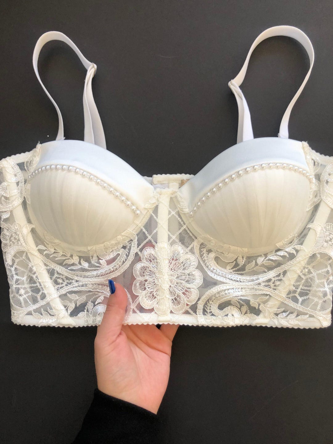 Buy Ivory Bridal Lingerie Corset Top, White Pearls Design Cups, Flower Lace  Corset With Lacing Back, Honeymoon Lingerie, Sexy Bridal Corset Bra Online 