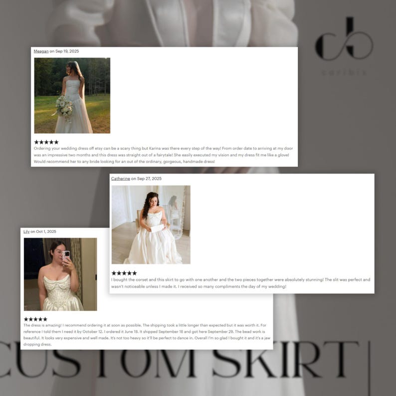 The image is a collage of three photos featuring women in white wedding dresses. The first photo shows a woman in a white dress standing in a field, the second photo depicts a woman in a white dress sitting in a chair, and the third photo shows a woman in a white dress taking a selfie.