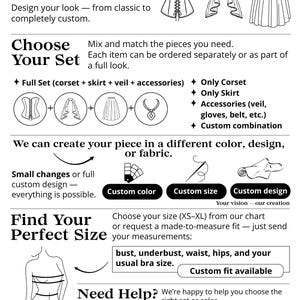 The image is a collection of fashion illustrations and descriptions, including a full-length image of a corset, a skirt, a veil, and accessories. The text provides information about how to create a custom bridal set, including the option to mix and match pieces, choose a full set, and create a custom design. The image also includes a chart for selecting the right size and a message for ordering assistance.