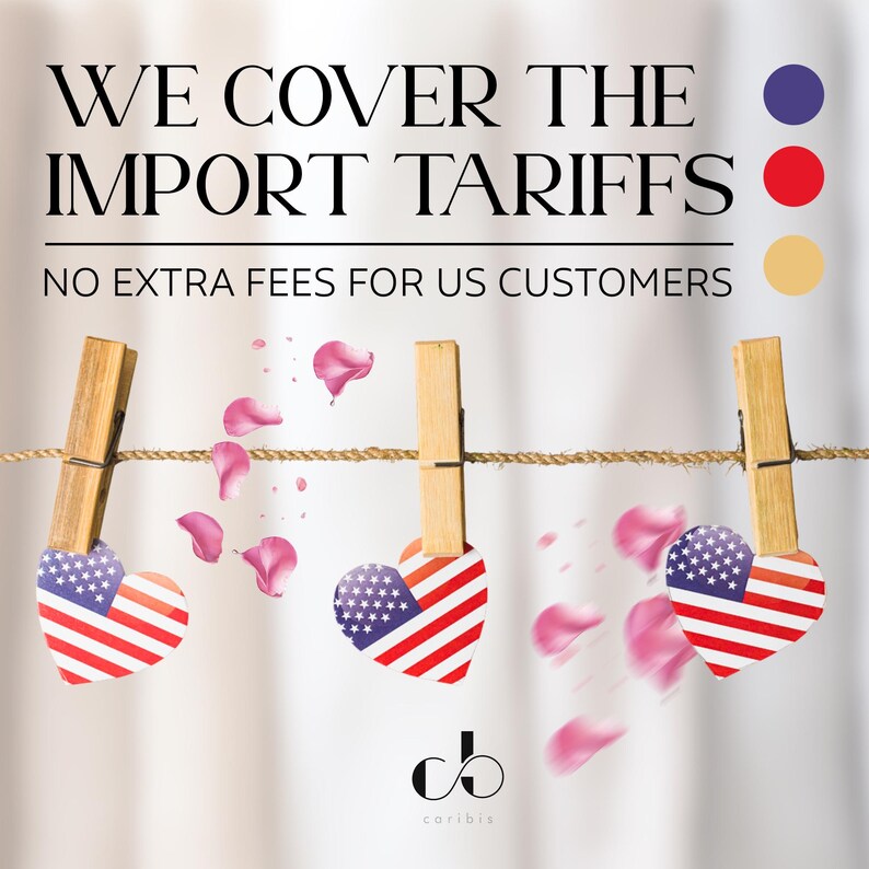 The image is a promotional graphic for a business that covers the import Tariffs, stating that there are no extra fees for US customers.