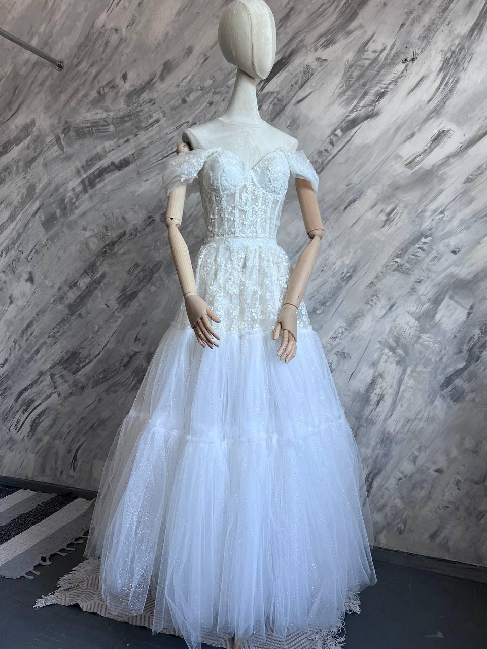 slim fit dress slacks AGLAJA / Long Puff Sleeves Wedding Dress with Glitter Skirt