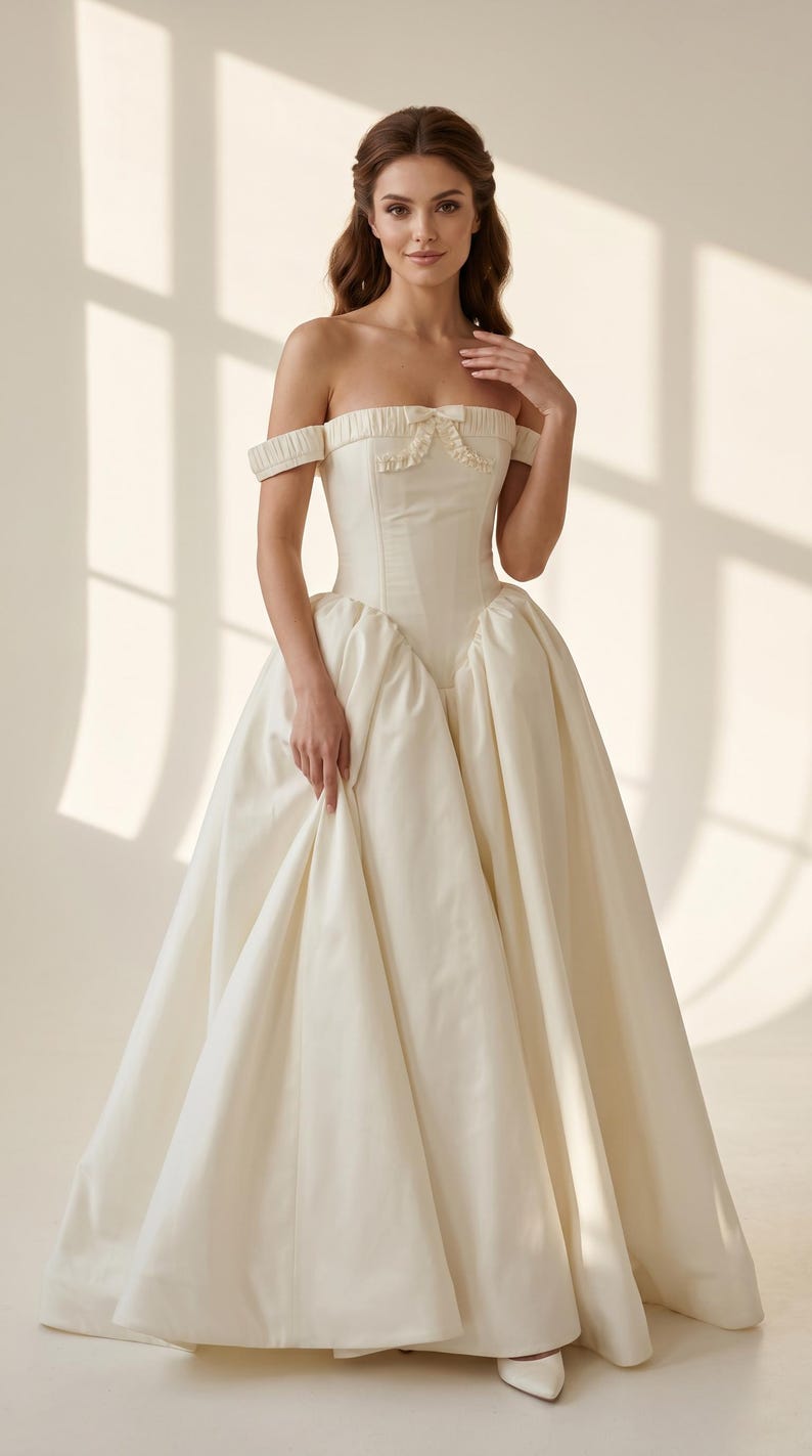 Langes Elfenbein Brautkleid, Taft Brautkleid nach Maß, Vintage inspiriertes Brautkleid für elegante Braut Bild 12