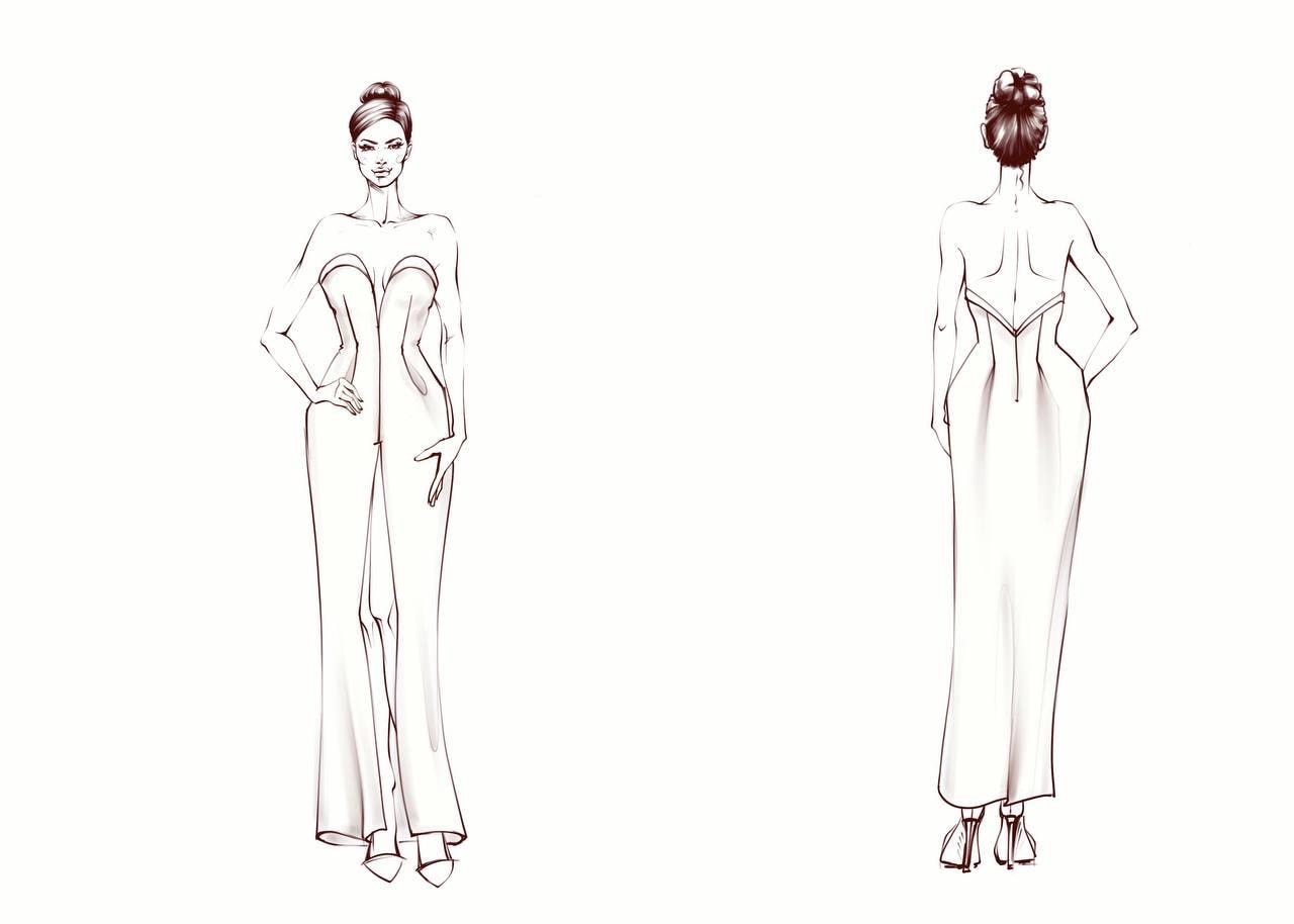 green emerald velvet dress Custom Fashion Sketch  Maria Ahrens
