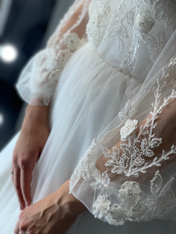 Buy Long Sleeves Lace Bride Wedding Dress, Embroider Wedding Dress, Ivory  Elegant Style, Champagne Beach Wedding Dress, Princess Wedding Dress Online  in India - Etsy
