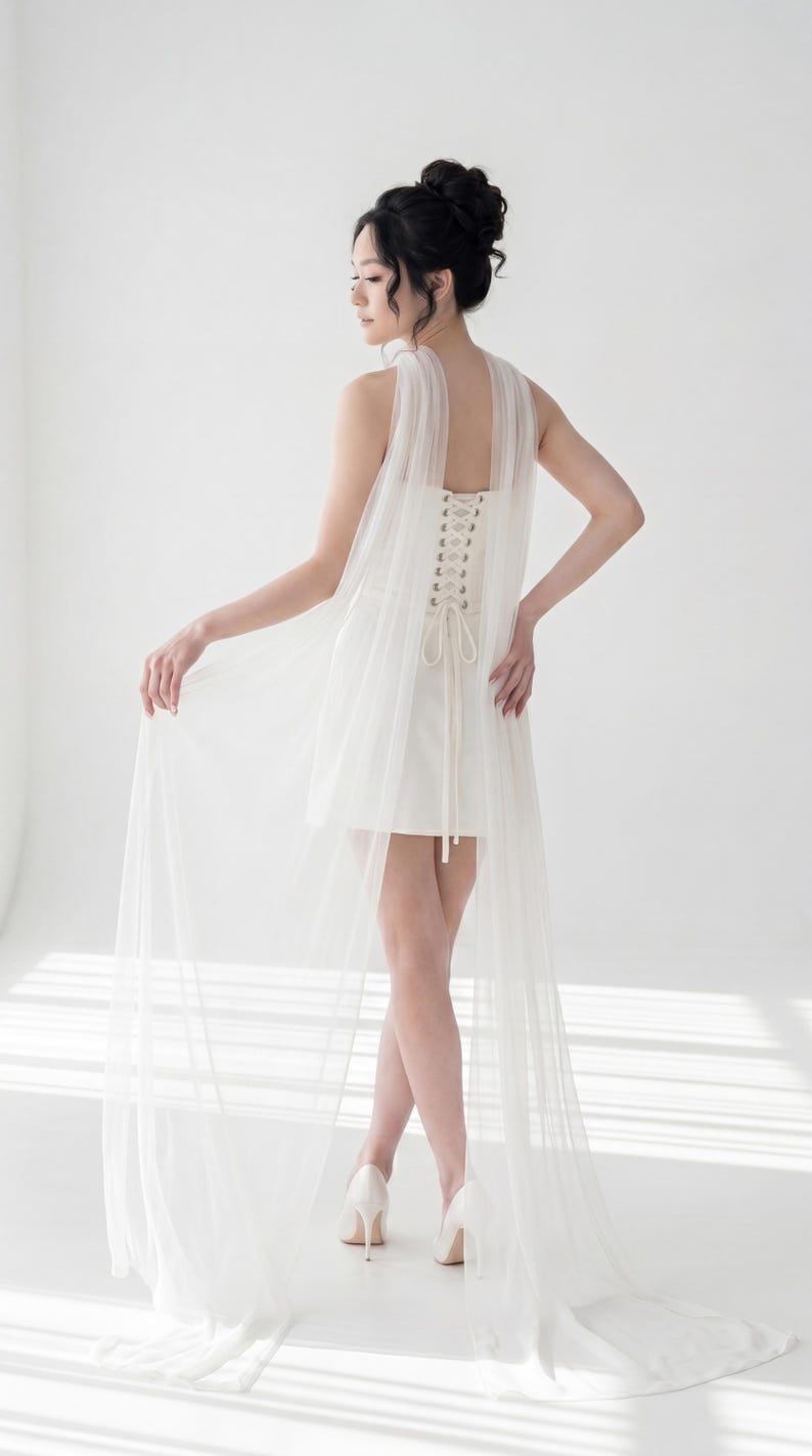 A woman in a white dress with a long train stands in a studio, her back to the camera, with her hair styled in an updo.